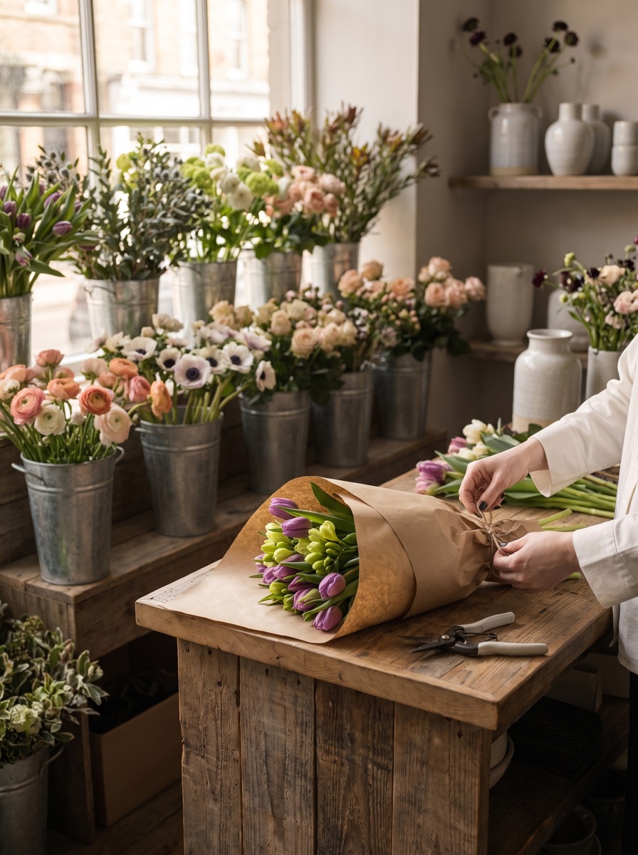 Fleuriste composant un bouquet dans sa boutique